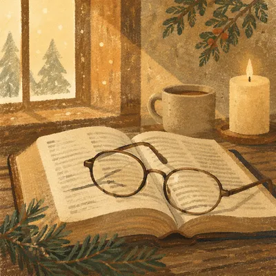 Open Bible with Glasses in Warm Light