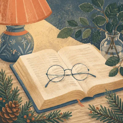 Warm Bible Study with Glasses and Evergreens