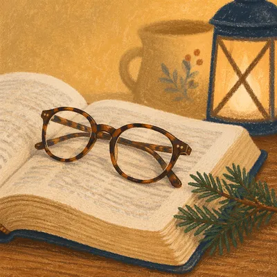 Open Bible with Glasses in Warm Light