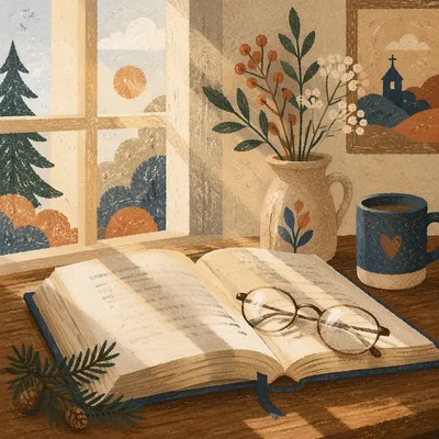 Open Bible with Glasses in Warm Morning Light