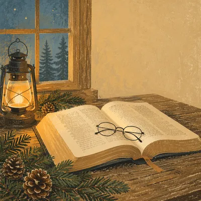 Open Bible With Glasses in Warm Lamplight
