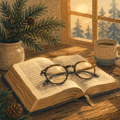 Open Bible with Glasses in Warm Light