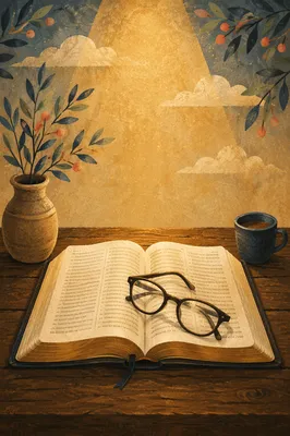 Open Bible With Glasses in Warm Light