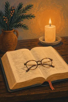 Open Bible With Glasses in Candlelight