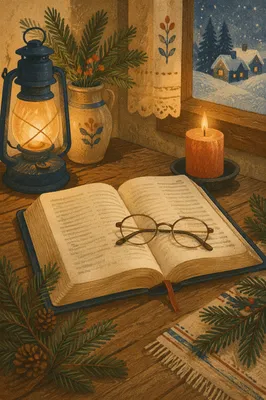 Open Bible with Glasses and Evergreen