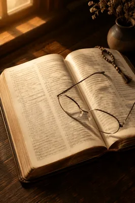 Open Bible with Reading Glasses in Warm Light