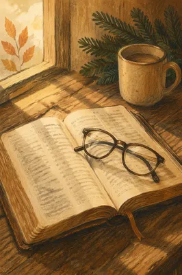 Open Bible with Glasses in Warm Light