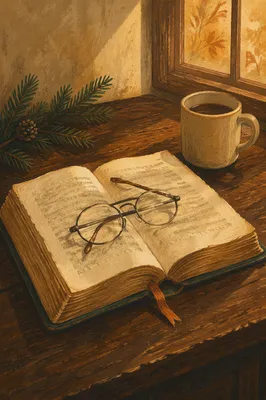 Open Bible with Glasses in Warm Light
