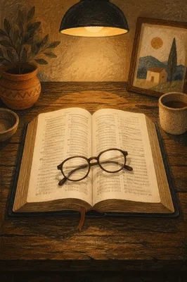 Open Bible with Reading Glasses in Warm Light