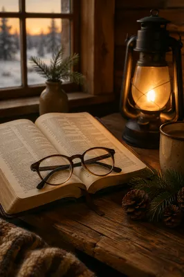 Open Bible and Glasses in Warm Cabin Light