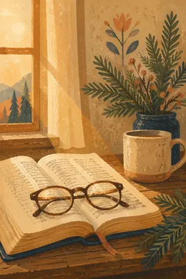 Open Bible with Reading Glasses in Warm Light