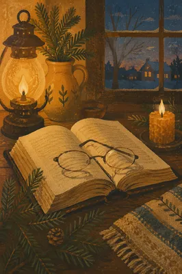 Open Bible with Glasses in Warm Lamplight