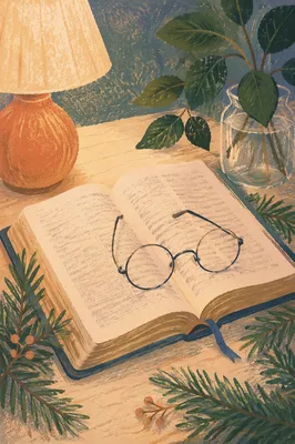 Open Bible With Glasses in Warm Lamplight