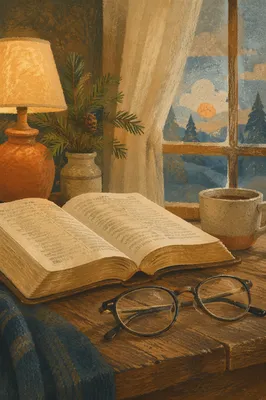 Open Bible with Glasses and Evergreen