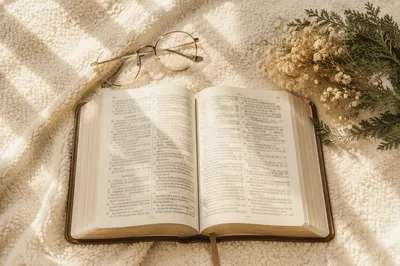 Open Bible With Glasses in Warm Light