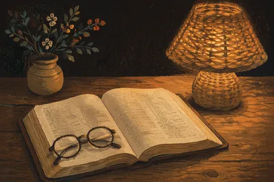 Open Bible and Glasses in Warm Lamplight