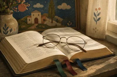 Open Bible with Reading Glasses in Warm Light