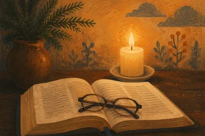 Open Bible with Glasses by Candlelight