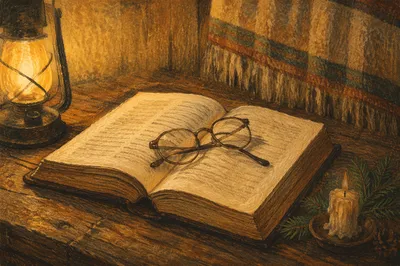 Open Bible With Glasses in Warm Lamplight