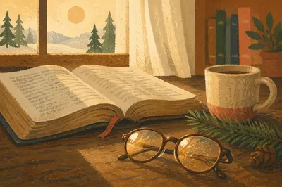 Open Bible with Glasses in Warm Light