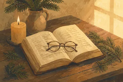 Open Bible With Reading Glasses in Warm Light