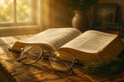 Open Bible with Reading Glasses in Warm Light