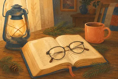 Open Bible with Glasses in Warm Lamplight
