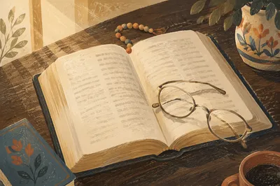 Open Bible and Glasses in Warm Light