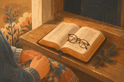 Open Bible with Glasses in Warm Light