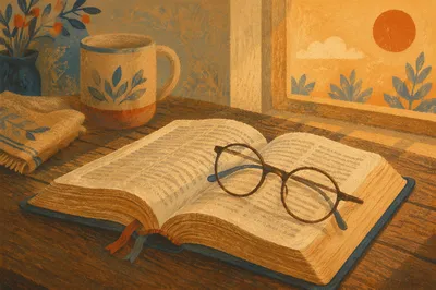 Open Bible with Reading Glasses in Warm Light