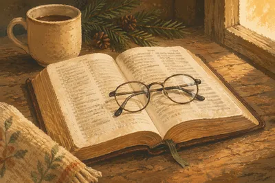 Open Bible with Glasses in Warm Light