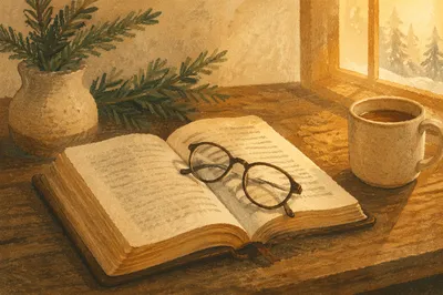 Open Bible with Glasses in Warm Light