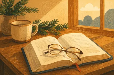 Open Bible with Glasses in Warm Light