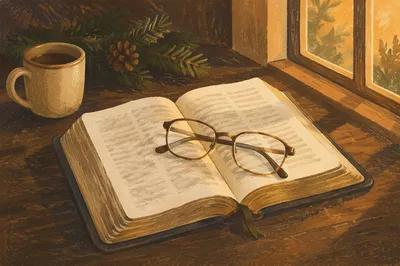 Open Bible with Glasses in Warm Light