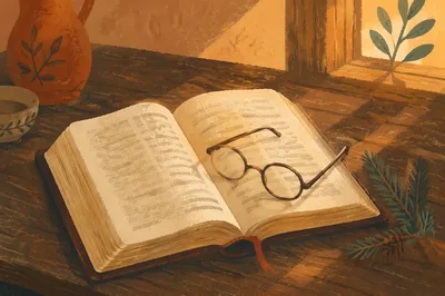 Open Bible with Glasses and Evergreen
