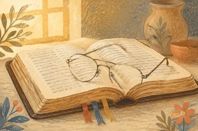Open Bible with Reading Glasses in Warm Light