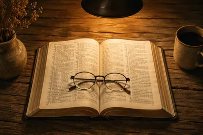 Open Bible with Reading Glasses in Warm Light
