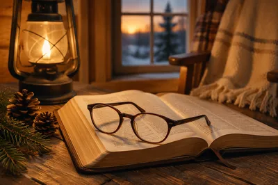 Open Bible with Glasses in Warm Cabin Light