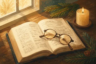 Open Bible With Glasses in Warm Light