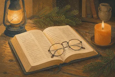 Open Bible with Glasses in Warm Light