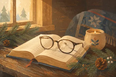 Open Bible with Glasses in Warm Evergreen Light