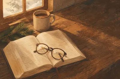 Open Bible with Glasses in Warm Light