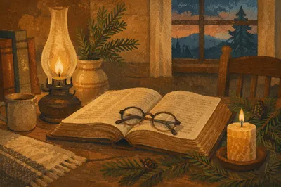 Open Bible With Glasses in Warm Evergreen Light