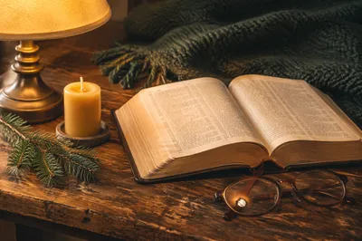 Open Bible With Glasses in Warm Light