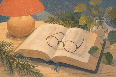 Open Bible with Glasses in Warm Evergreen Light