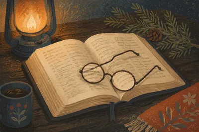 Open Bible with Glasses in Warm Lamplight