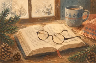 Open Bible with Glasses in Warm Evergreen Light
