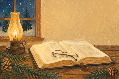 Open Bible and Glasses in Warm Light