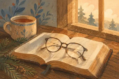 Open Bible and Reading Glasses in Warm Light