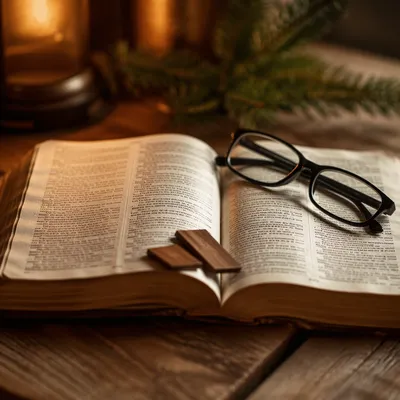 Open Bible with Reading Glasses in Warm Light